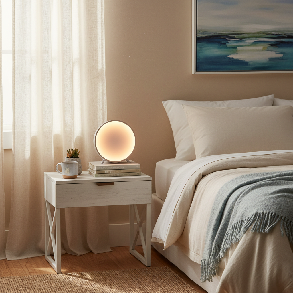 Sunrise alarm clock on a bedside table in a bright airy bedroom