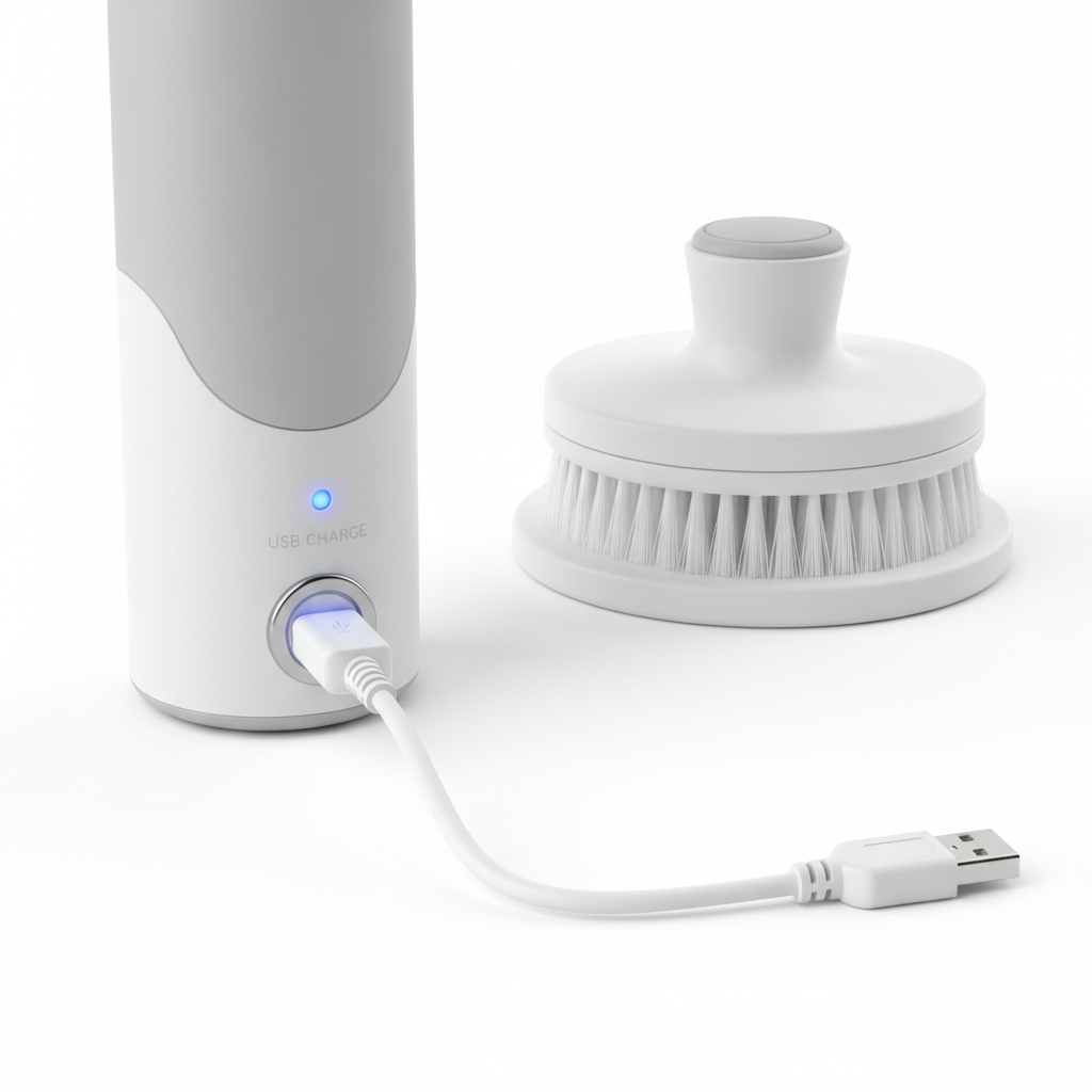 Electric spin scrubber USB charging cable plugged in detail shot