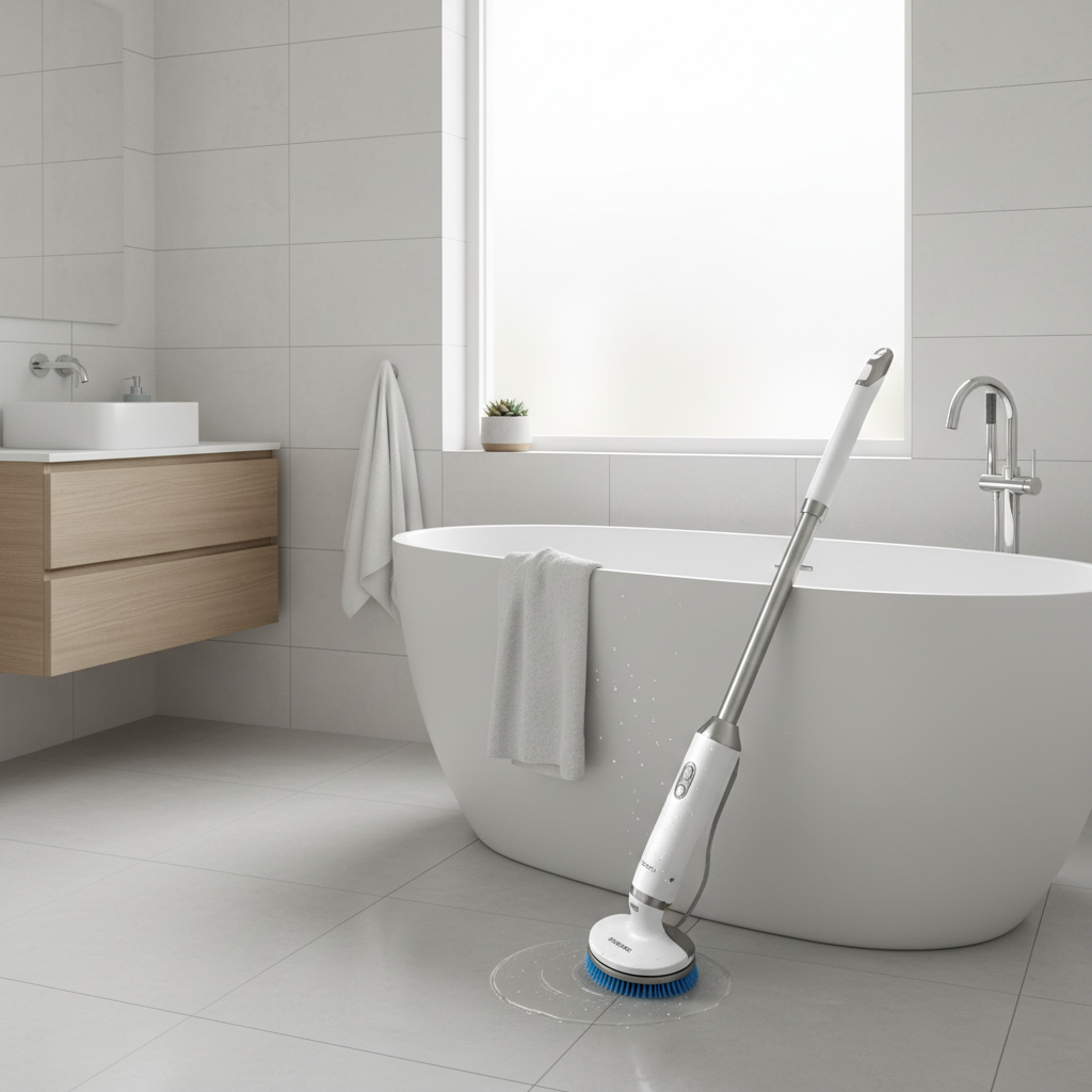 Electric spin scrubber lifestyle shot in clean bathroom