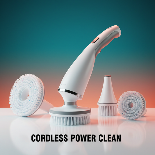 Electric spin scrubber on colorful teal and coral gradient background