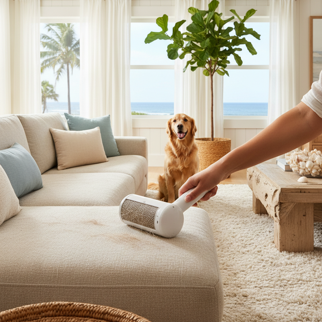 Pet hair remover being used on a couch with a happy dog nearby