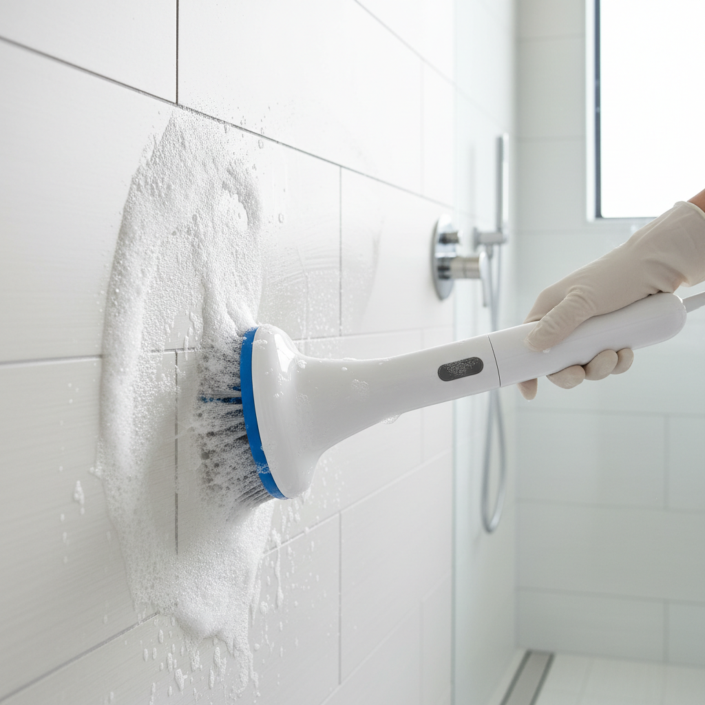 Electric spin scrubber cleaning bathroom tiles in use
