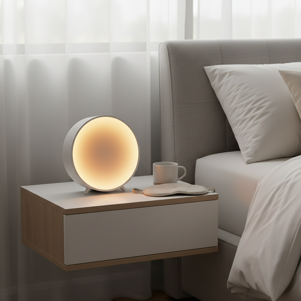 Sunrise alarm clock glowing with warm golden light on a nightstand