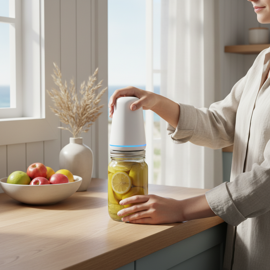 Electric jar opener being used in a bright modern kitchen